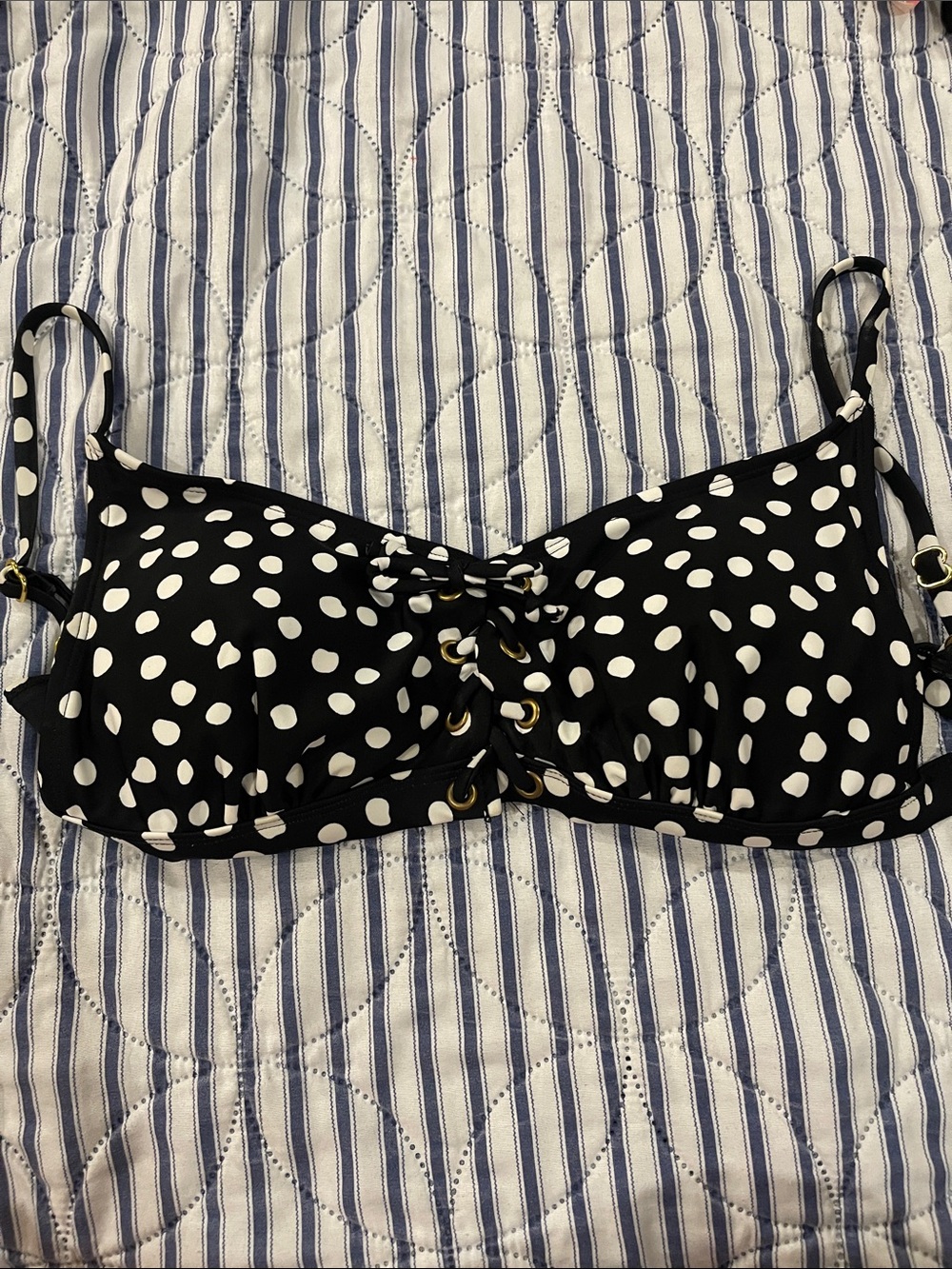 New! Black Polka Dot Lace-Up Front Bikini Top